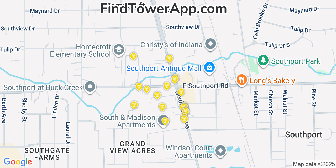 Map showing the 20 primary cell tower locations detected in Southport, Indiana from AT&T, Verizon, and T-Mobile networks