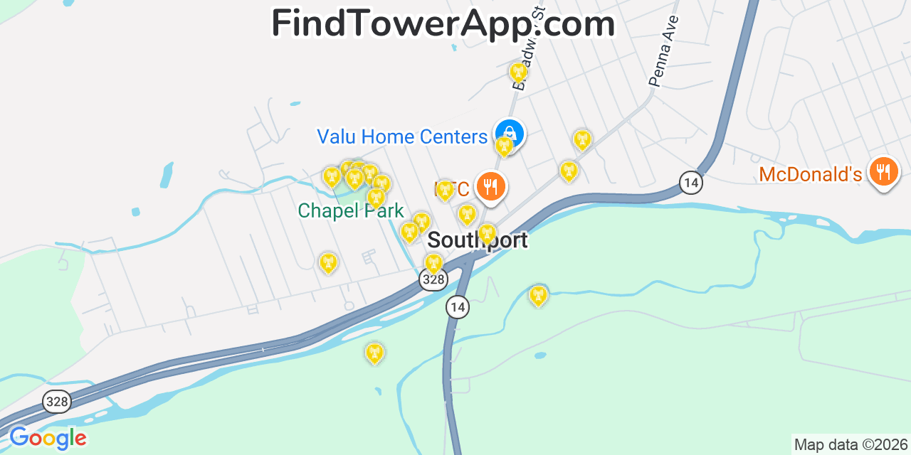 Map showing the 20 primary cell tower locations detected in Southport, New York from AT&T, Verizon, and T-Mobile networks