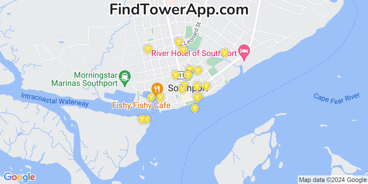 AT&T 4G/5G cell tower coverage map Southport, North Carolina