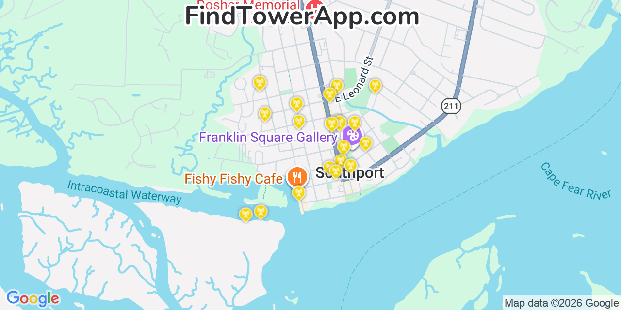 Map showing the 20 primary cell tower locations detected in Southport, North Carolina from AT&T, Verizon, and T-Mobile networks