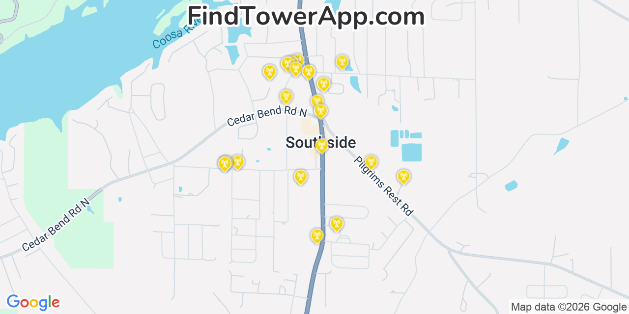 Map showing the 20 primary cell tower locations detected in Southside, Alabama from AT&T, Verizon, and T-Mobile networks