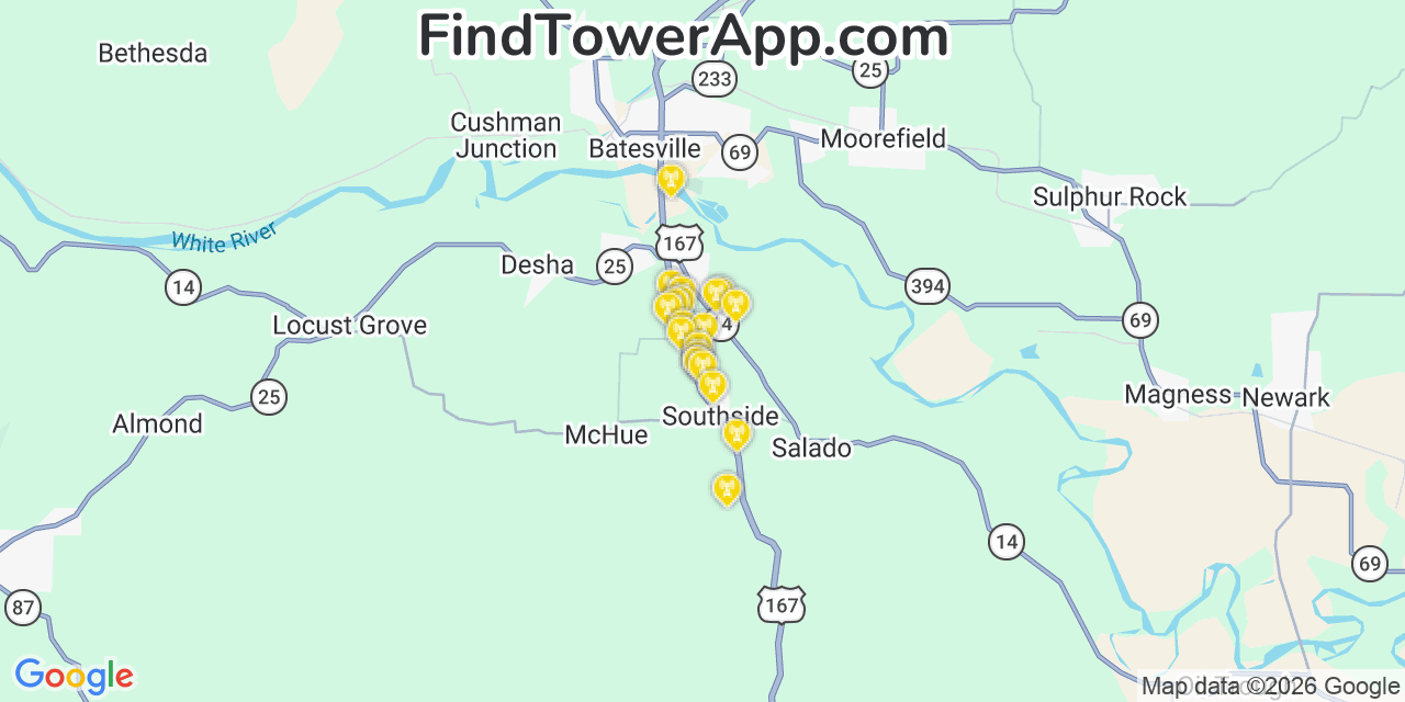 Map showing the 20 primary cell tower locations detected in Southside, Arkansas from AT&T, Verizon, and T-Mobile networks