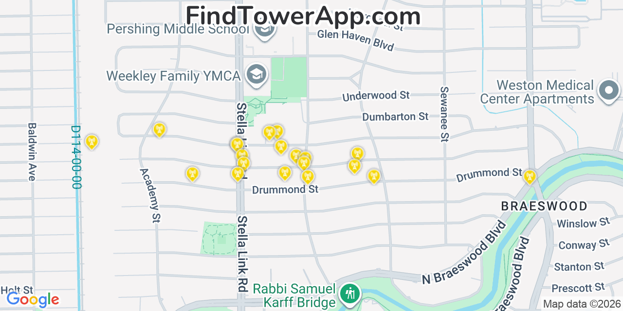 Map showing the 20 primary cell tower locations detected in Southside Place, Texas from AT&T, Verizon, and T-Mobile networks