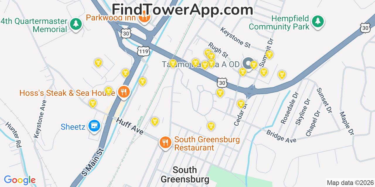 Map showing the 20 primary cell tower locations detected in Southwest Greensburg, Pennsylvania from AT&T, Verizon, and T-Mobile networks