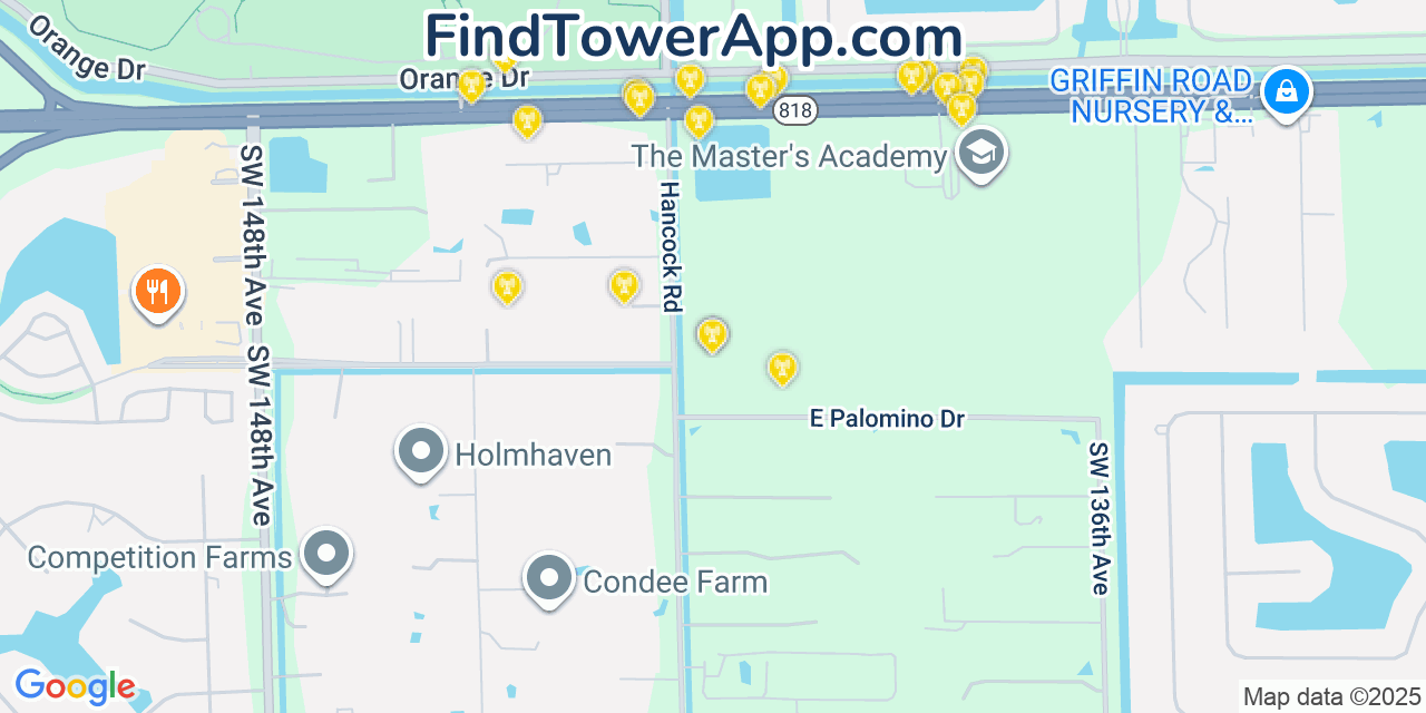 Map showing the 20 primary cell tower locations detected in Southwest Ranches, Florida from AT&T, Verizon, and T-Mobile networks