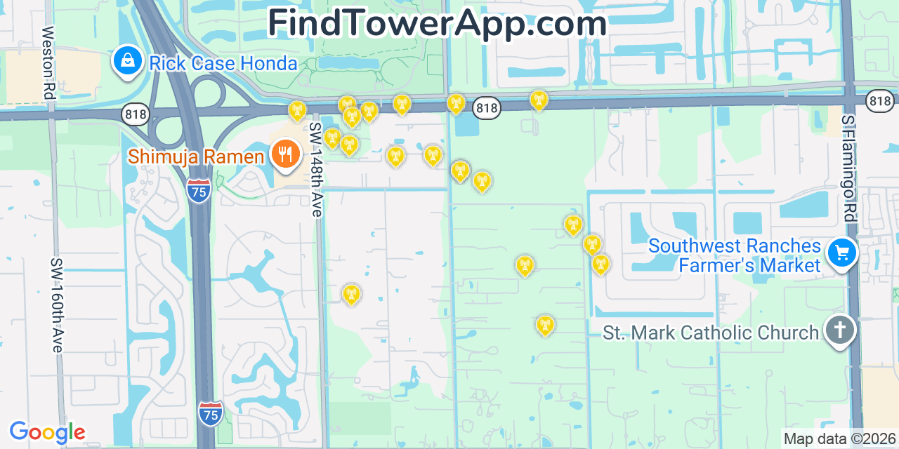 Map showing the 20 primary cell tower locations detected in Southwest Ranches, Florida from AT&T, Verizon, and T-Mobile networks