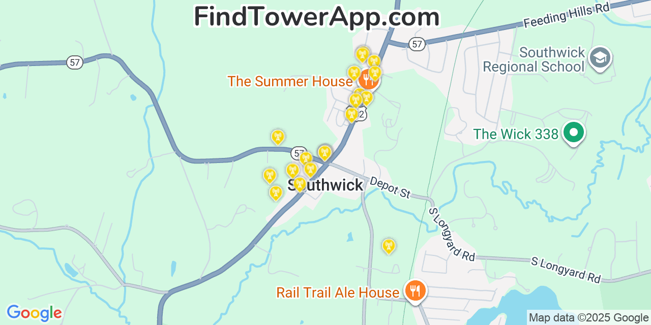 Map showing the 20 primary cell tower locations detected in Southwick, Massachusetts from AT&T, Verizon, and T-Mobile networks