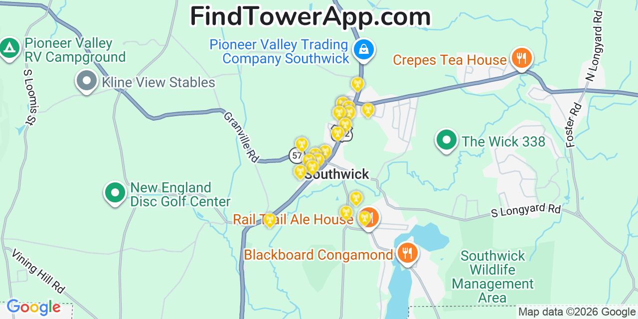 Map showing the 20 primary cell tower locations detected in Southwick, Massachusetts from AT&T, Verizon, and T-Mobile networks