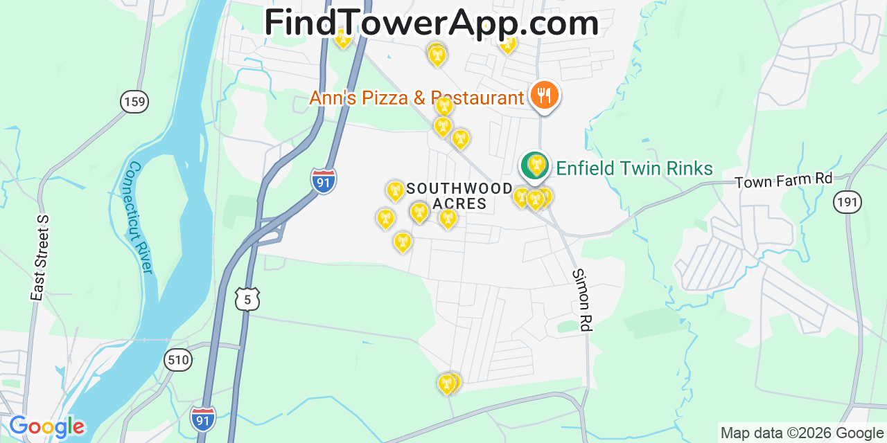 Map showing the 20 primary cell tower locations detected in Southwood Acres, Connecticut from AT&T, Verizon, and T-Mobile networks