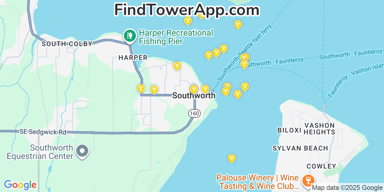 Map showing the 20 primary cell tower locations detected in Southworth, Washington from AT&T, Verizon, and T-Mobile networks