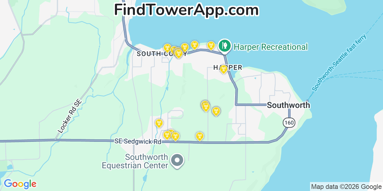 Map showing the 20 primary cell tower locations detected in Southworth, Washington from AT&T, Verizon, and T-Mobile networks