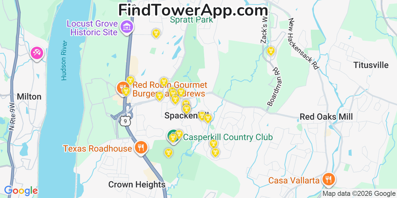 Map showing the 20 primary cell tower locations detected in Spackenkill, New York from AT&T, Verizon, and T-Mobile networks