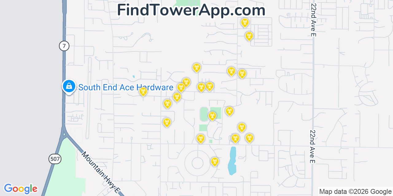 Map showing the 20 primary cell tower locations detected in Spanaway, Washington from AT&T, Verizon, and T-Mobile networks