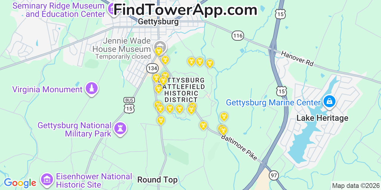 Map showing the 20 primary cell tower locations detected in Spangler, Pennsylvania from AT&T, Verizon, and T-Mobile networks