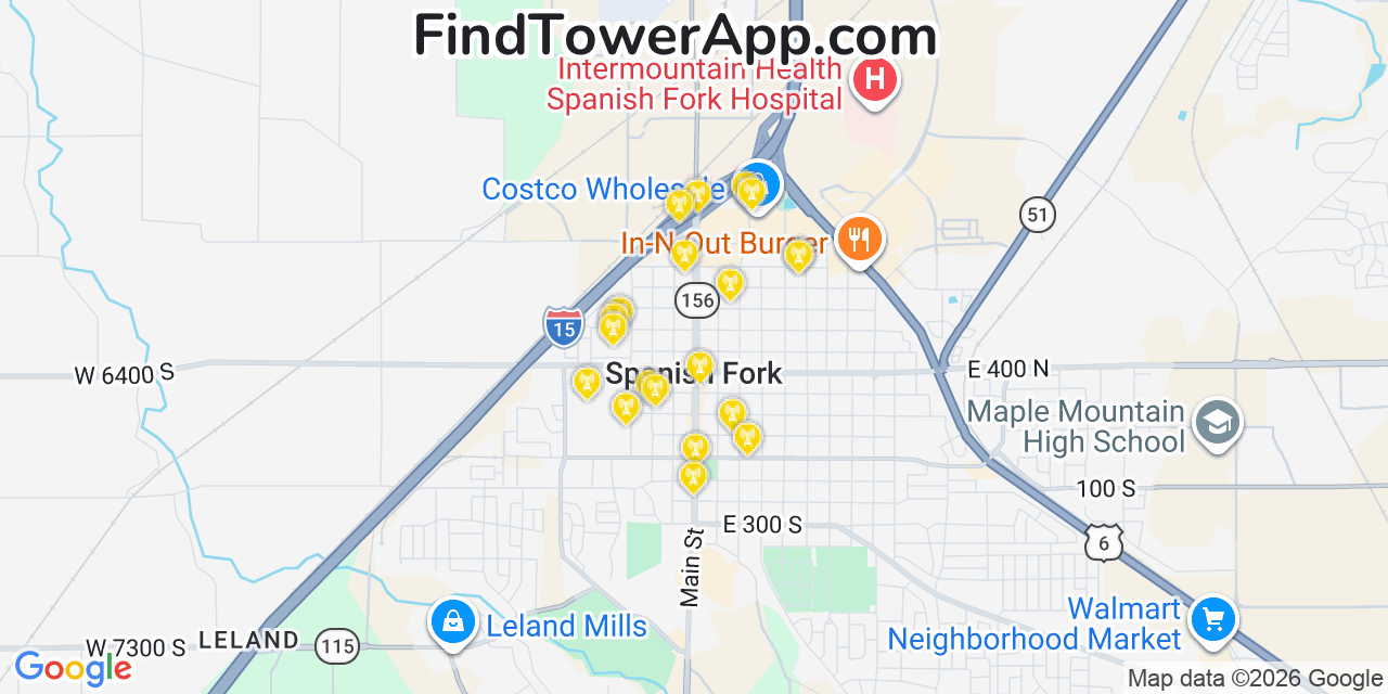 Map showing the 20 primary cell tower locations detected in Spanish Fork, Utah from AT&T, Verizon, and T-Mobile networks