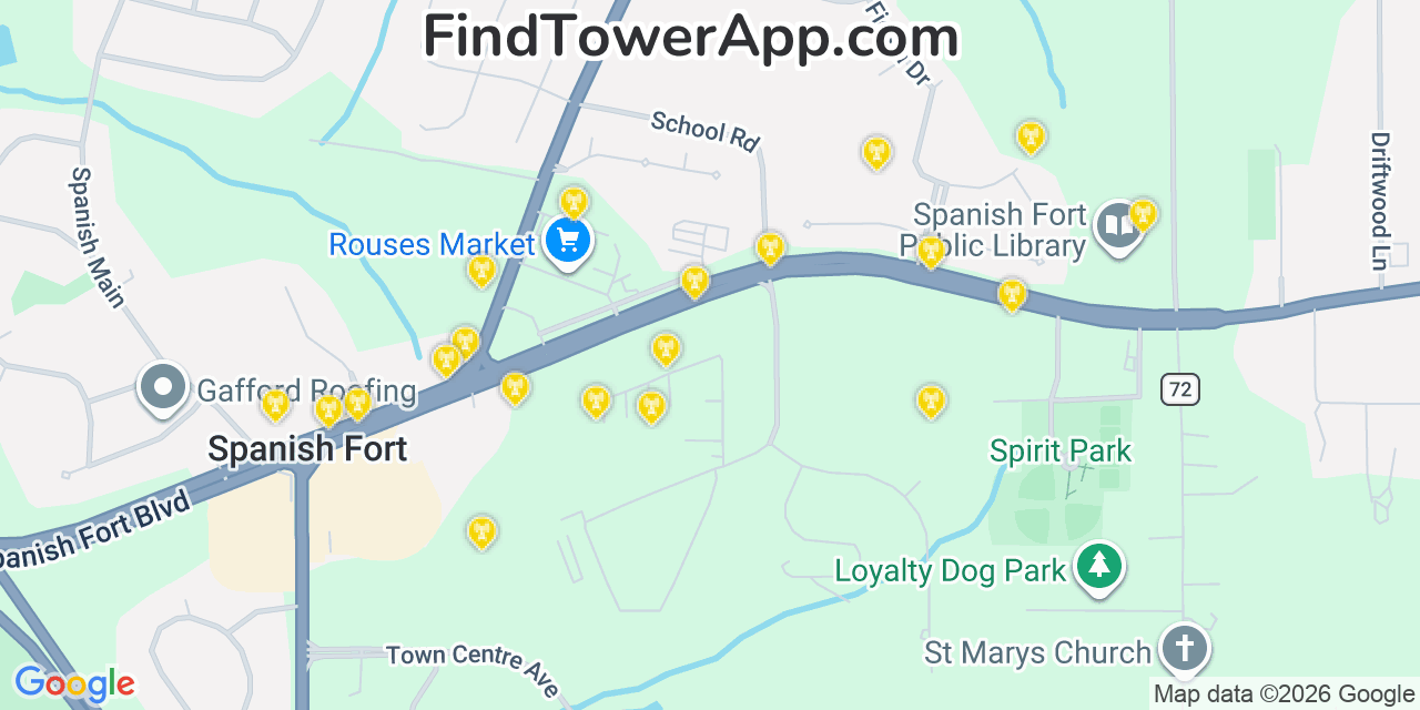 Map showing the 20 primary cell tower locations detected in Spanish Fort, Alabama from AT&T, Verizon, and T-Mobile networks
