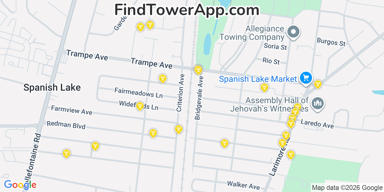 Map showing the 20 primary cell tower locations detected in Spanish Lake, Missouri from AT&T, Verizon, and T-Mobile networks