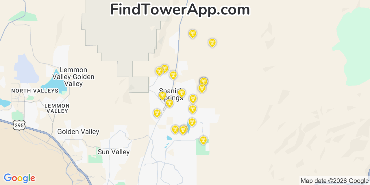 Map showing the 20 primary cell tower locations detected in Spanish Springs, Nevada from AT&T, Verizon, and T-Mobile networks