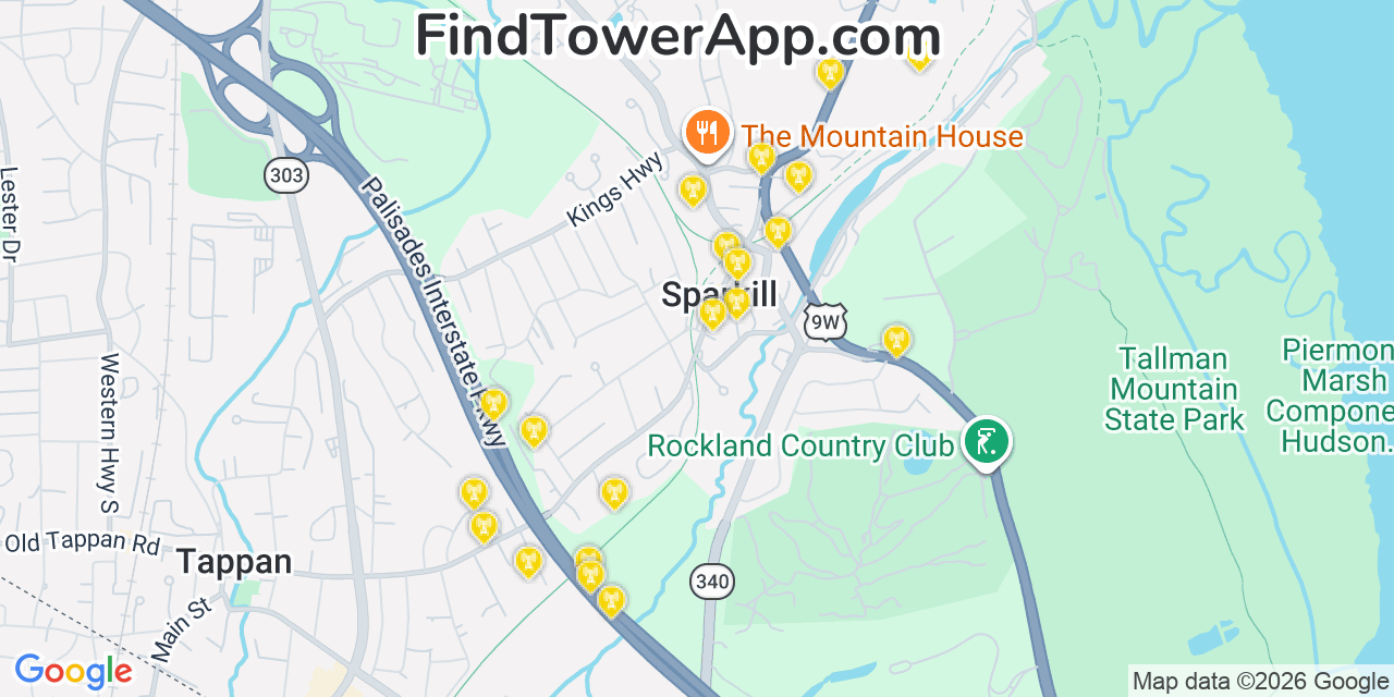 Map showing the 20 primary cell tower locations detected in Sparkill, New York from AT&T, Verizon, and T-Mobile networks