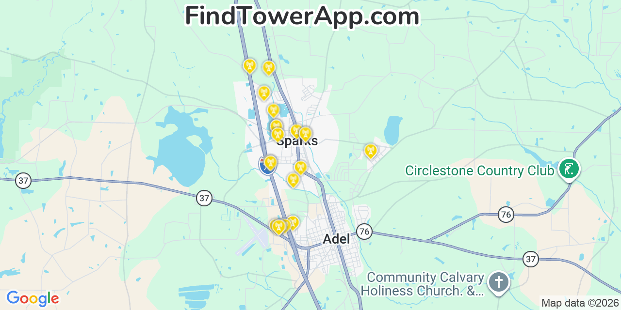 Map showing the 20 primary cell tower locations detected in Sparks, Georgia from AT&T, Verizon, and T-Mobile networks