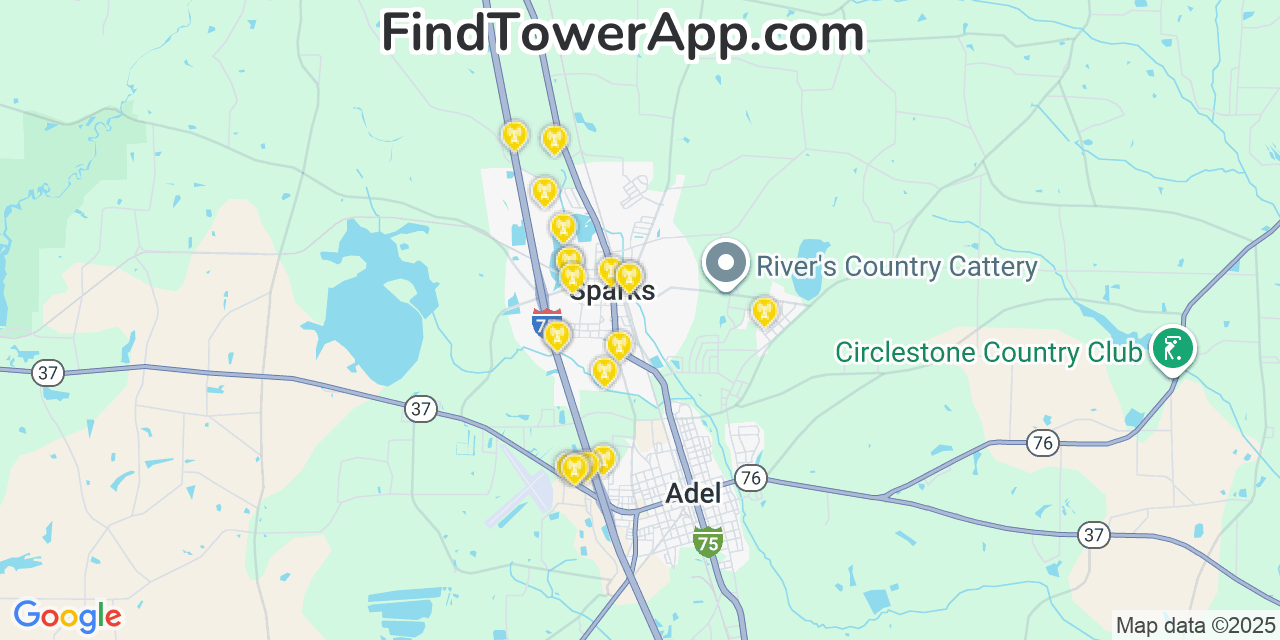Map showing the 20 primary Mobitel cell tower locations detected in Sparks, Georgia with coverage radius and signal strength indicators