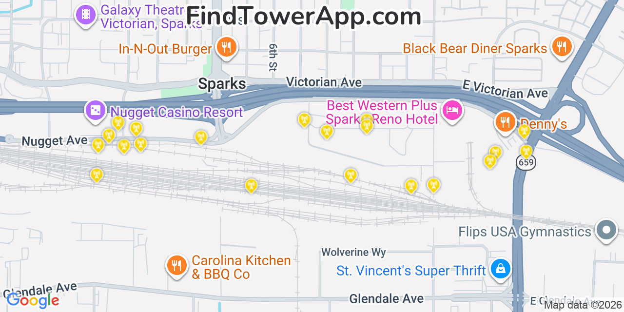 Map showing the 20 primary cell tower locations detected in Sparks, Nevada from AT&T, Verizon, and T-Mobile networks