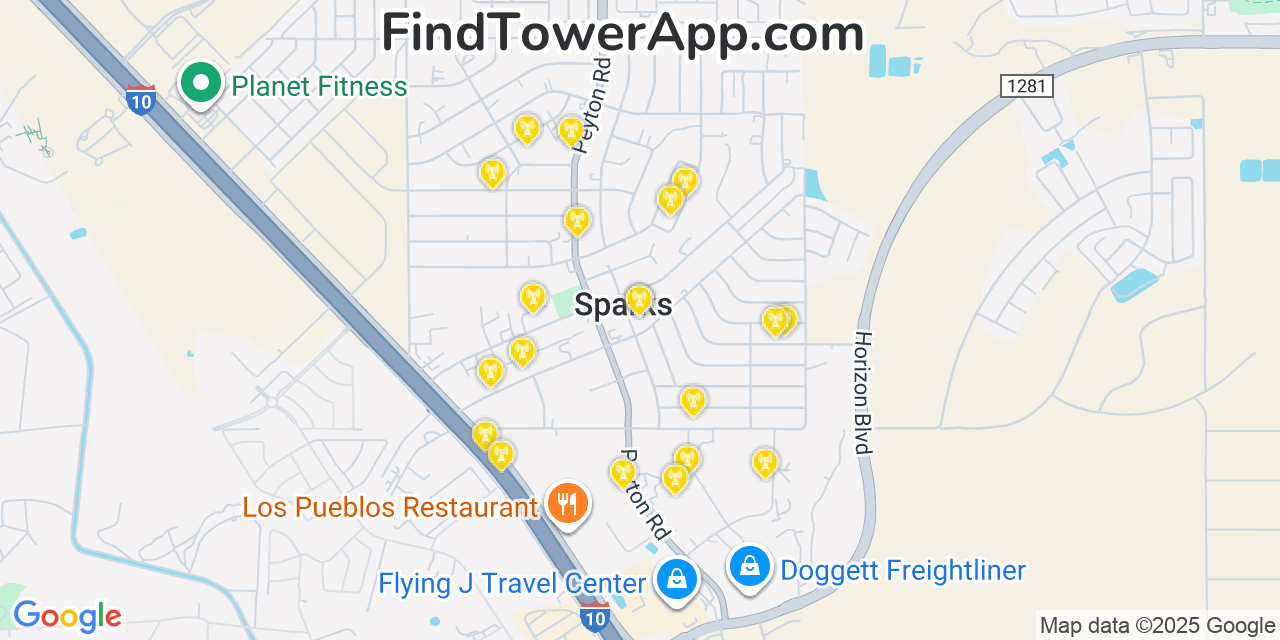 Map showing the 20 primary cell tower locations detected in Sparks, Texas from AT&T, Verizon, and T-Mobile networks