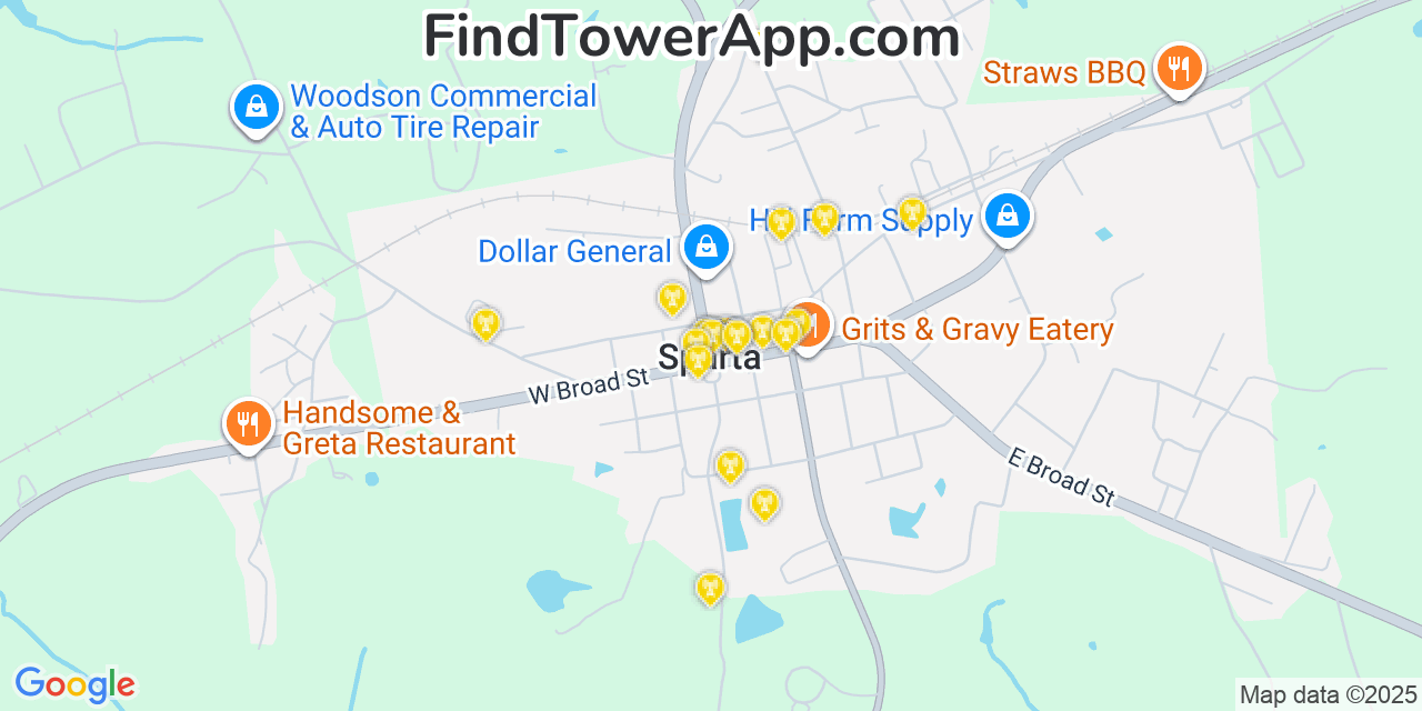 Map showing the 20 primary cell tower locations detected in Sparta, Georgia from AT&T, Verizon, and T-Mobile networks