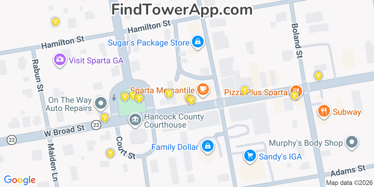 Map showing the 20 primary cell tower locations detected in Sparta, Georgia from AT&T, Verizon, and T-Mobile networks