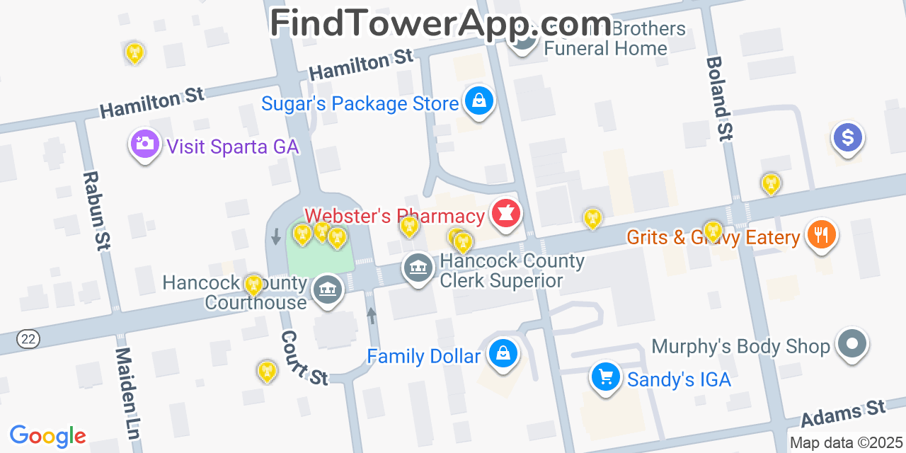 Map showing the 20 primary Mobitel cell tower locations detected in Sparta, Georgia with coverage radius and signal strength indicators