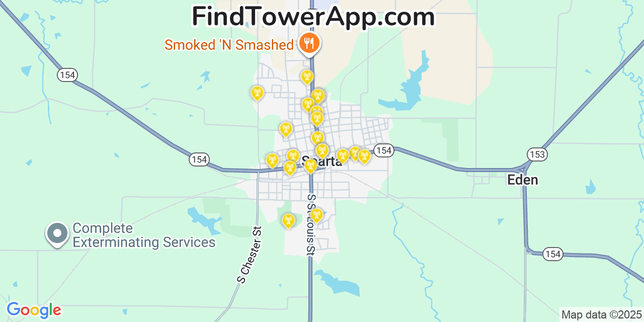Map showing the 20 primary cell tower locations detected in Sparta, Illinois from AT&T, Verizon, and T-Mobile networks