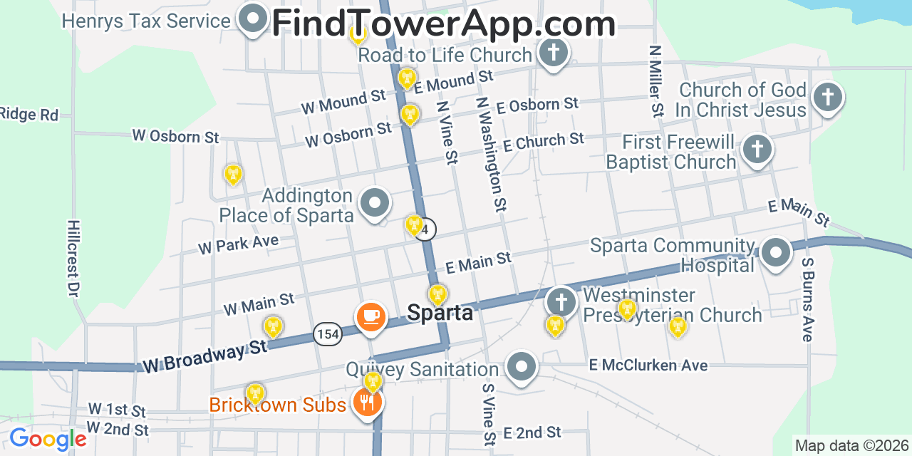 Map showing the 20 primary cell tower locations detected in Sparta, Illinois from AT&T, Verizon, and T-Mobile networks