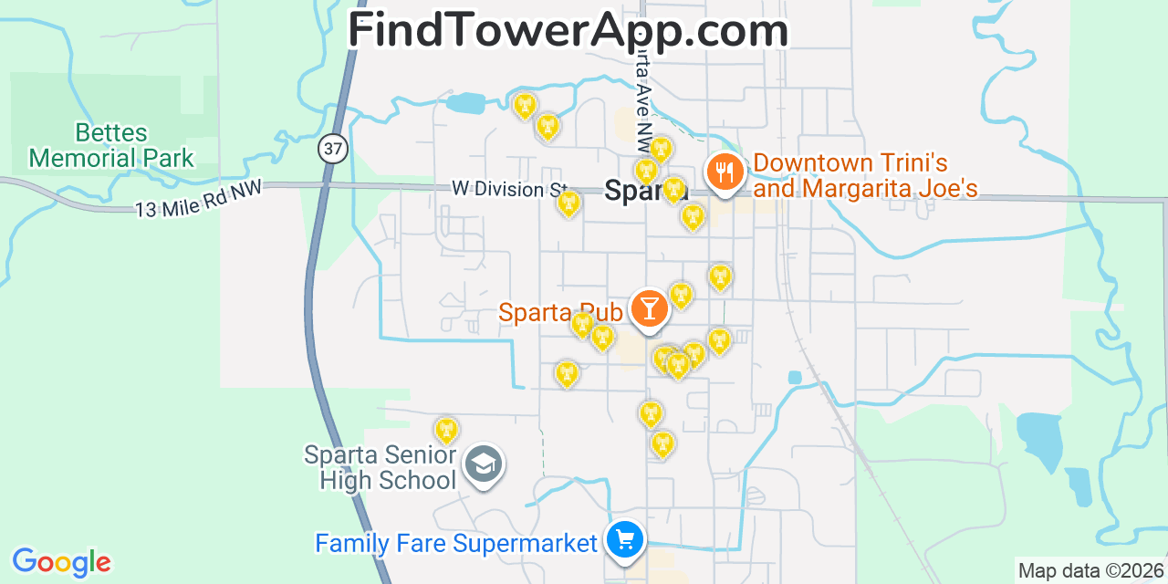 Map showing the 20 primary cell tower locations detected in Sparta, Michigan from AT&T, Verizon, and T-Mobile networks