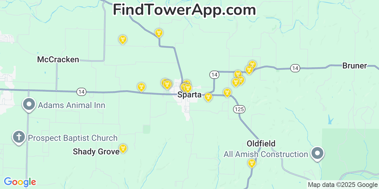 Map showing the 20 primary cell tower locations detected in Sparta, Missouri from AT&T, Verizon, and T-Mobile networks