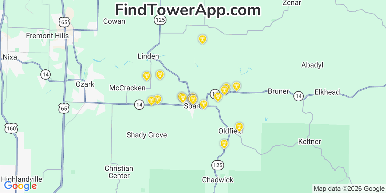 Map showing the 20 primary cell tower locations detected in Sparta, Missouri from AT&T, Verizon, and T-Mobile networks