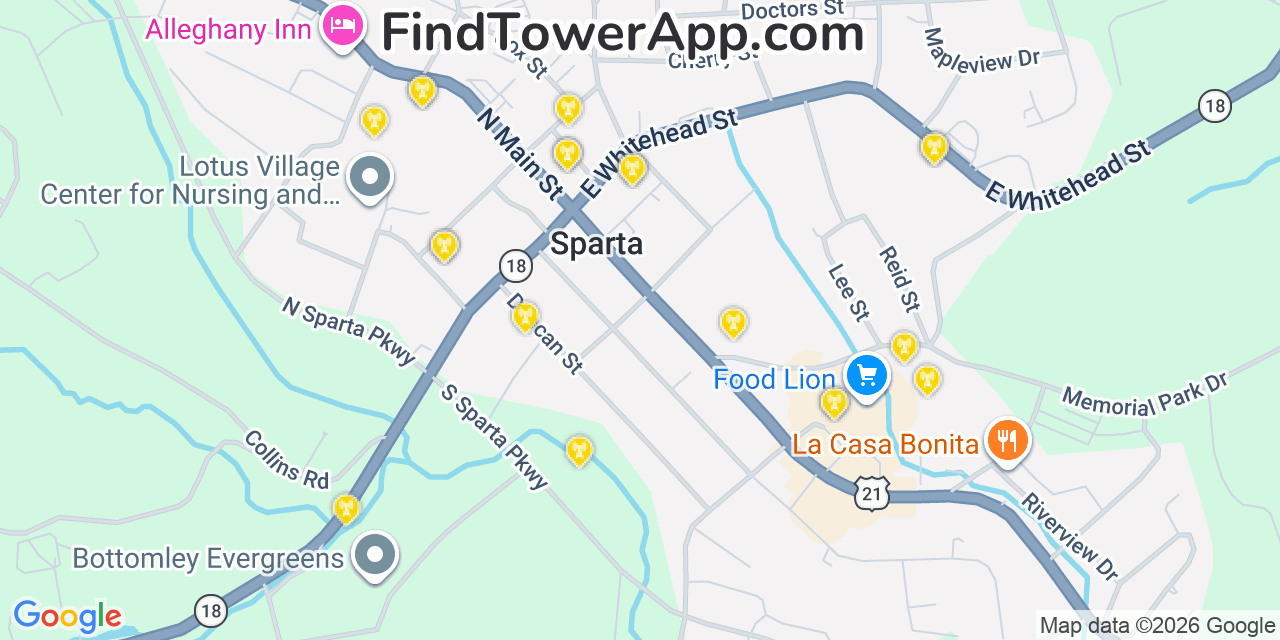 Map showing the 20 primary cell tower locations detected in Sparta, North Carolina from AT&T, Verizon, and T-Mobile networks