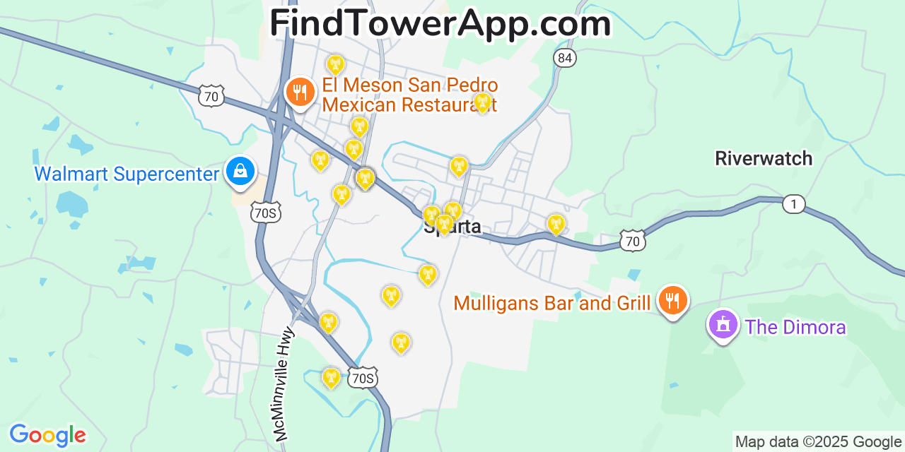 Map showing the 20 primary cell tower locations detected in Sparta, Tennessee from AT&T, Verizon, and T-Mobile networks
