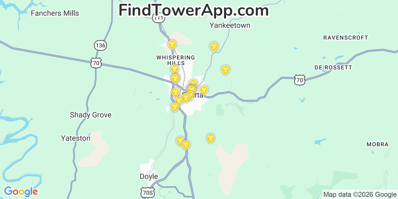 Map showing the 20 primary cell tower locations detected in Sparta, Tennessee from AT&T, Verizon, and T-Mobile networks