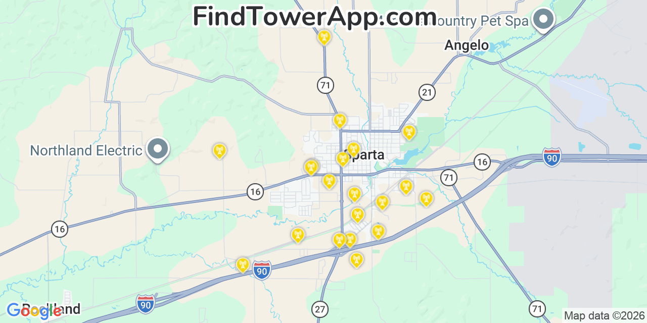 Map showing the 20 primary cell tower locations detected in Sparta, Wisconsin from AT&T, Verizon, and T-Mobile networks