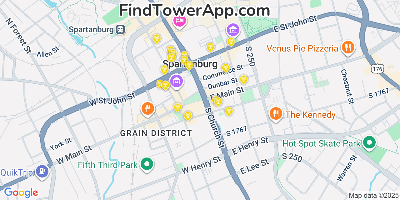 Map showing the 20 primary cell tower locations detected in Spartanburg, South Carolina from AT&T, Verizon, and T-Mobile networks