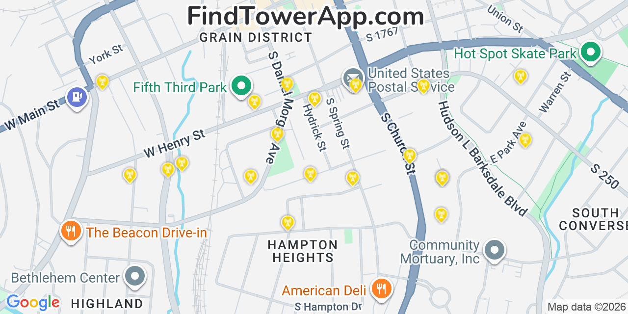 Map showing the 20 primary cell tower locations detected in Spartanburg, South Carolina from AT&T, Verizon, and T-Mobile networks