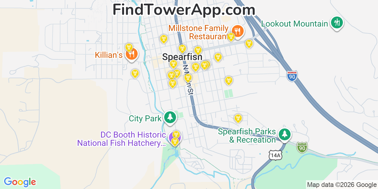Map showing the 20 primary cell tower locations detected in Spearfish, South Dakota from AT&T, Verizon, and T-Mobile networks
