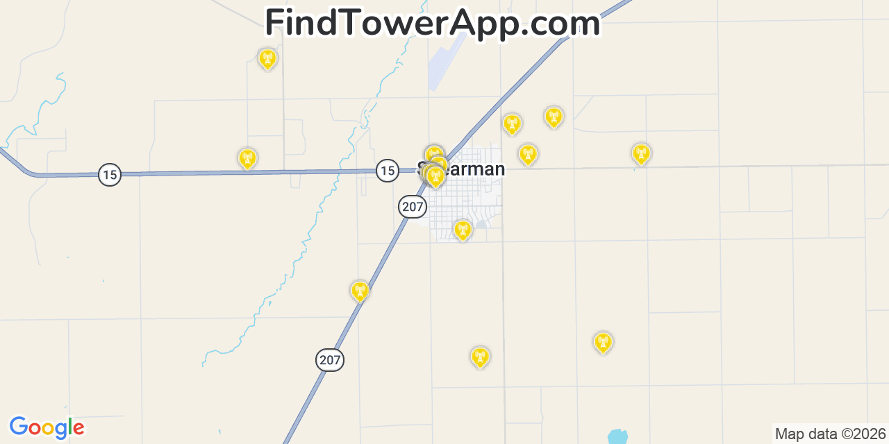 Map showing the 20 primary cell tower locations detected in Spearman, Texas from AT&T, Verizon, and T-Mobile networks