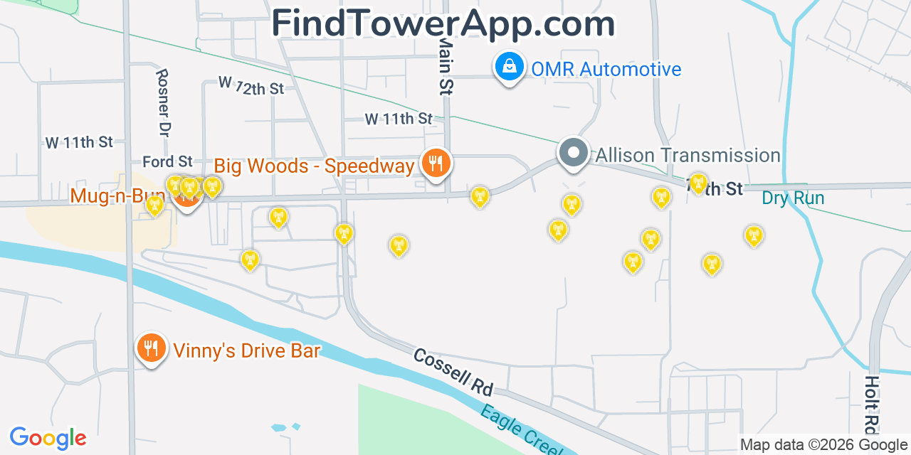 Map showing the 20 primary cell tower locations detected in Speedway, Indiana from AT&T, Verizon, and T-Mobile networks