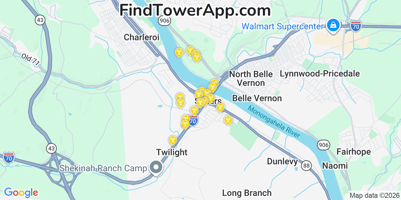 Map showing the 20 primary cell tower locations detected in Speers, Pennsylvania from AT&T, Verizon, and T-Mobile networks
