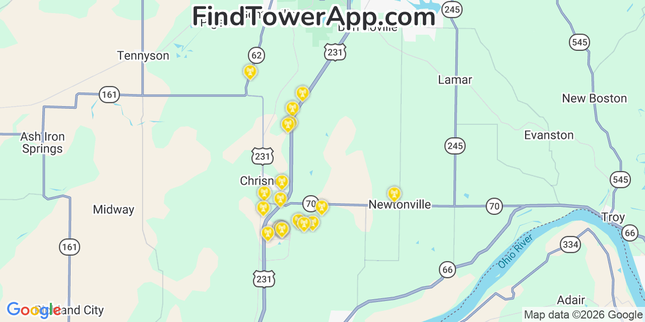Map showing the 20 primary cell tower locations detected in Spencer, Indiana from AT&T, Verizon, and T-Mobile networks