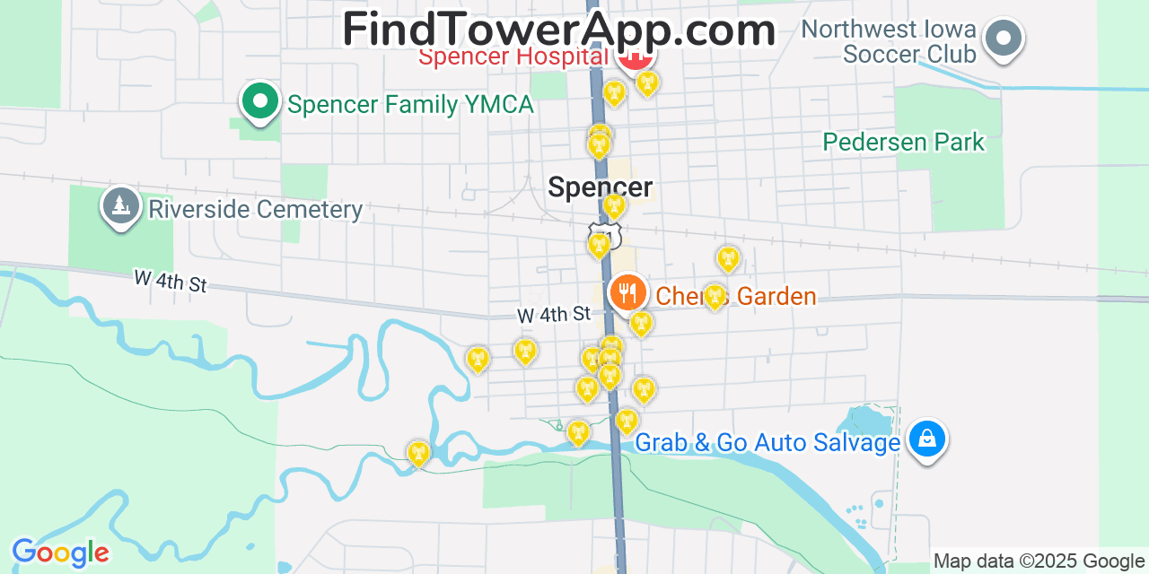 Map showing the 20 primary cell tower locations detected in Spencer, Iowa from AT&T, Verizon, and T-Mobile networks