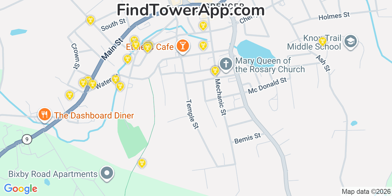 Map showing the 20 primary cell tower locations detected in Spencer, Massachusetts from AT&T, Verizon, and T-Mobile networks