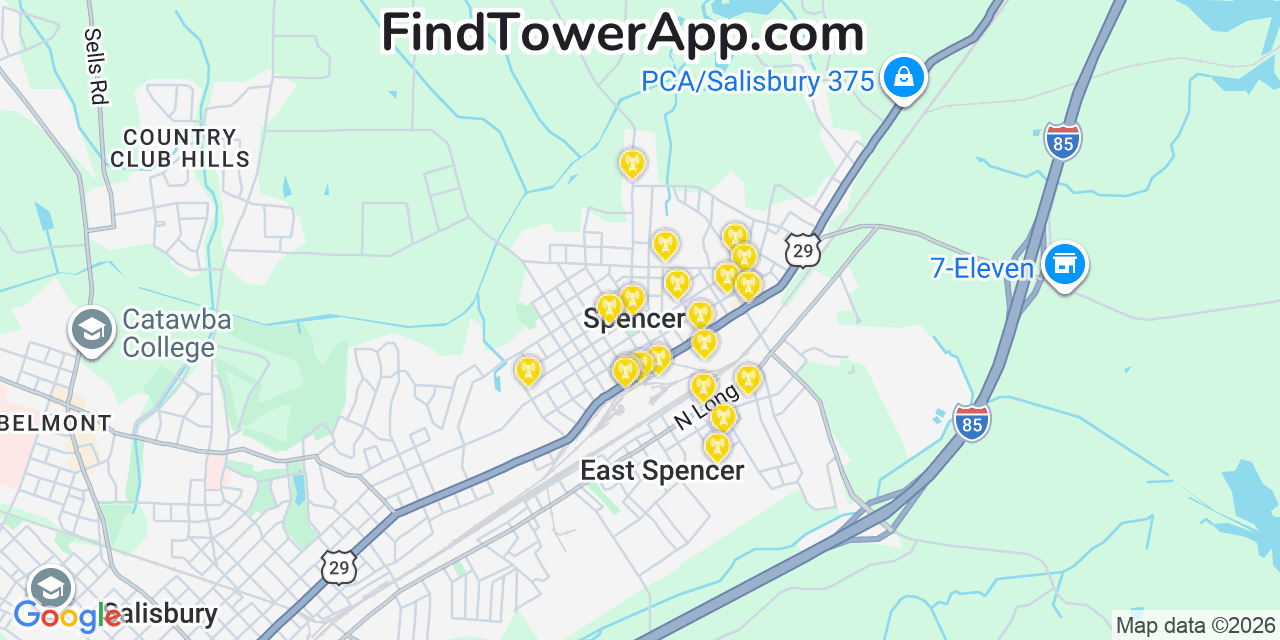 Map showing the 20 primary cell tower locations detected in Spencer, North Carolina from AT&T, Verizon, and T-Mobile networks