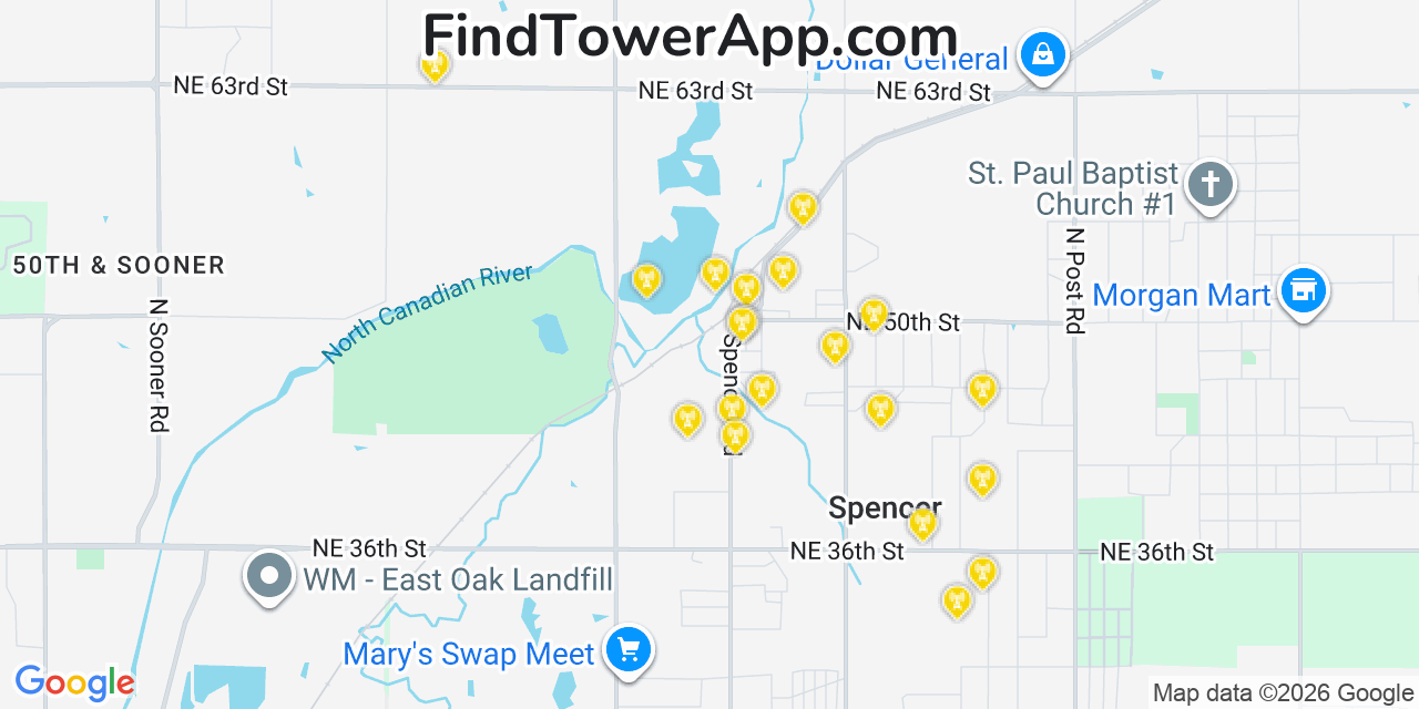 Map showing the 20 primary cell tower locations detected in Spencer, Oklahoma from AT&T, Verizon, and T-Mobile networks